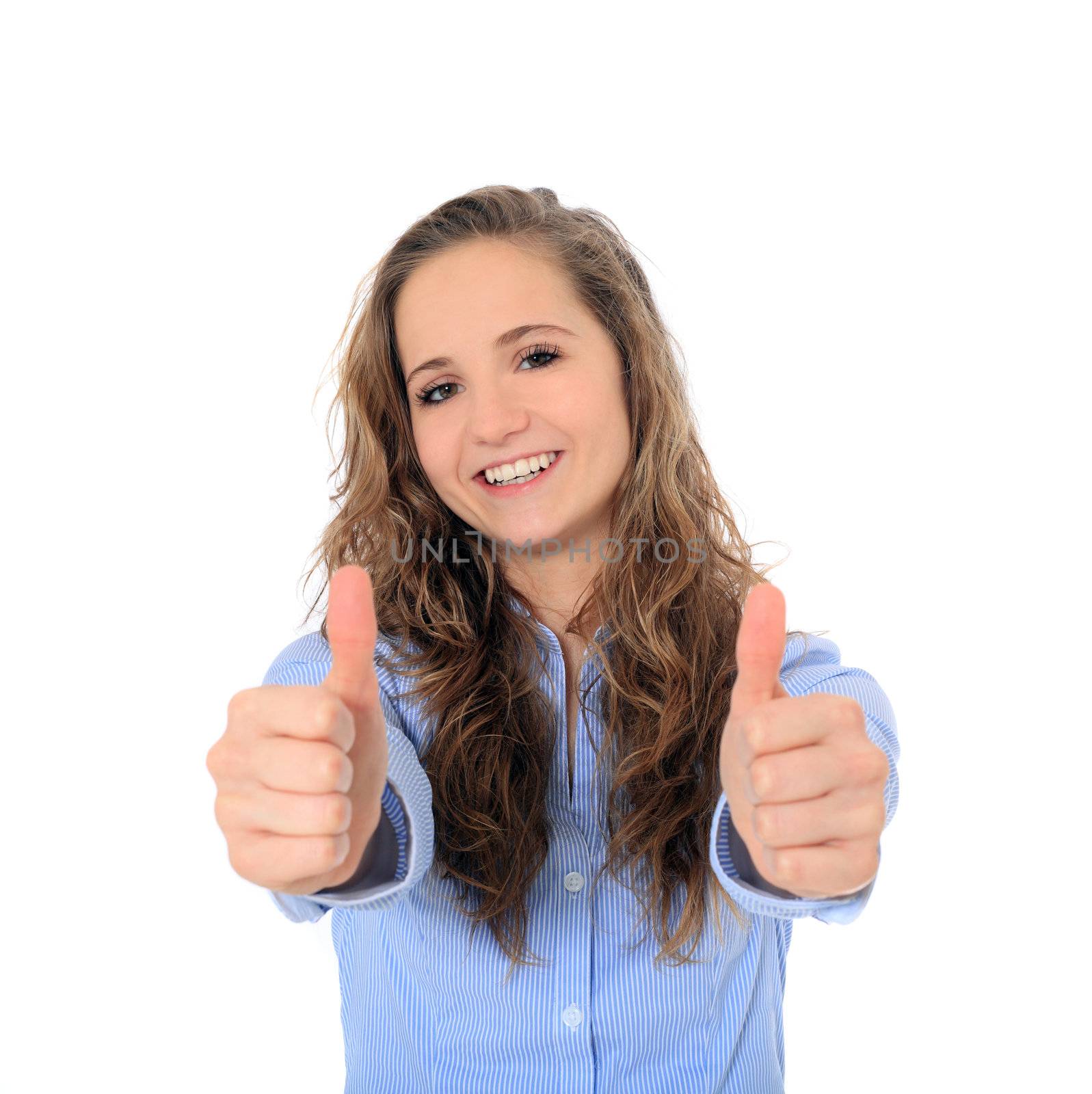 Attractive young girl making thumbs up sign. All on white background.