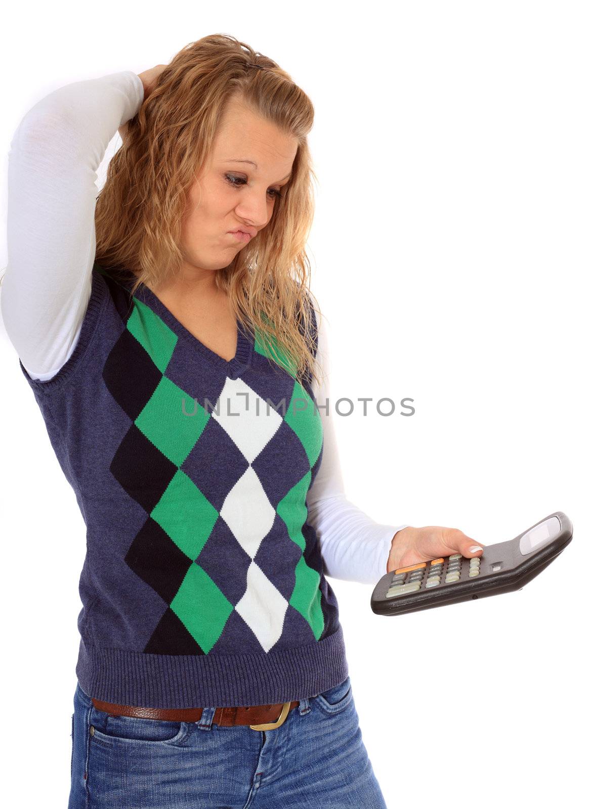 Frustrated woman using calculator. All on white background.