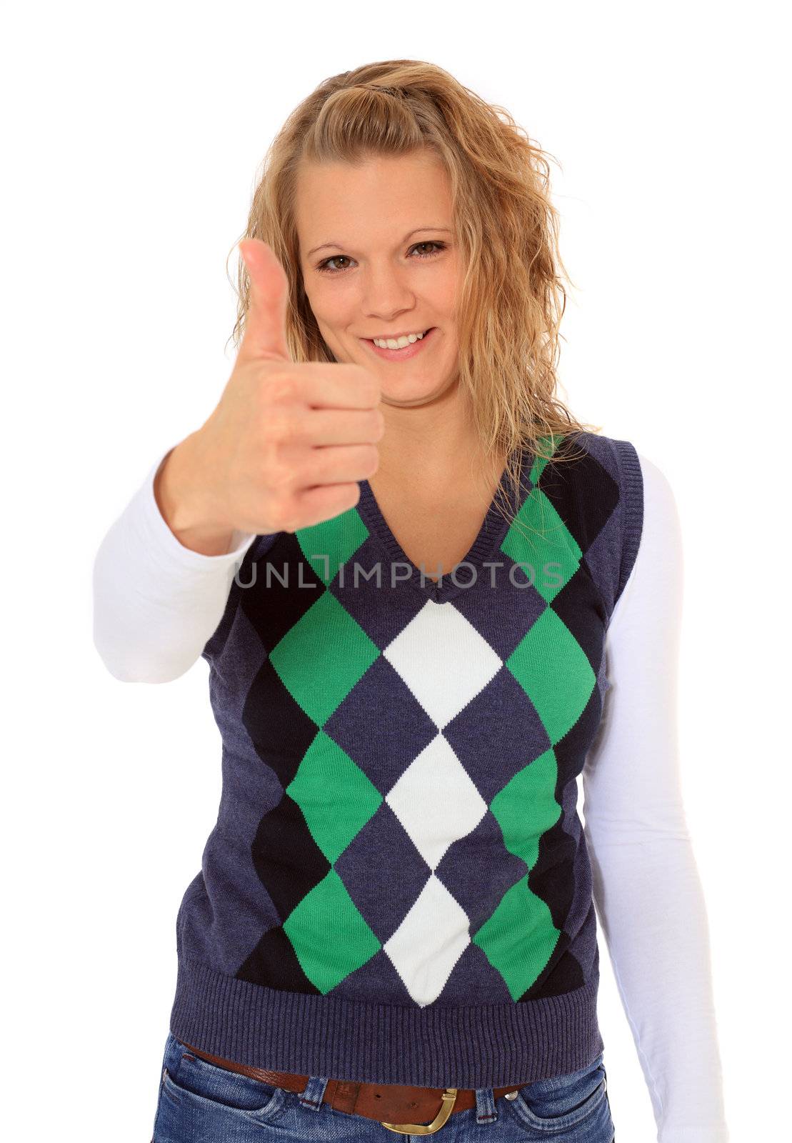 Attractive young woman making positive gesture. All on white background.