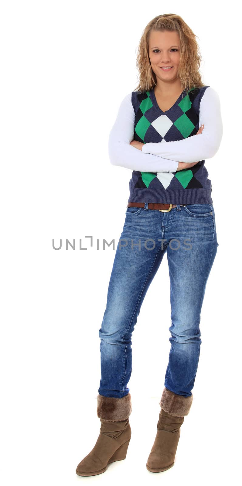 Attractive young woman standing. All on white background.