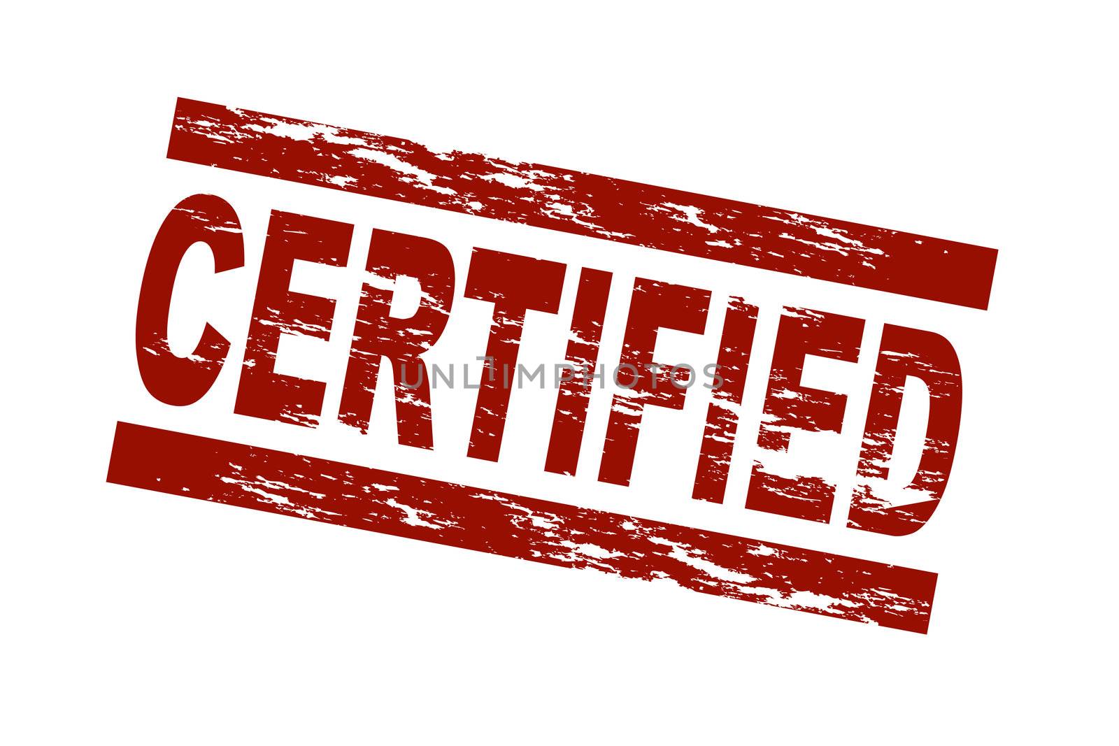 Stylized red stamp showing the term certified. All on white background.