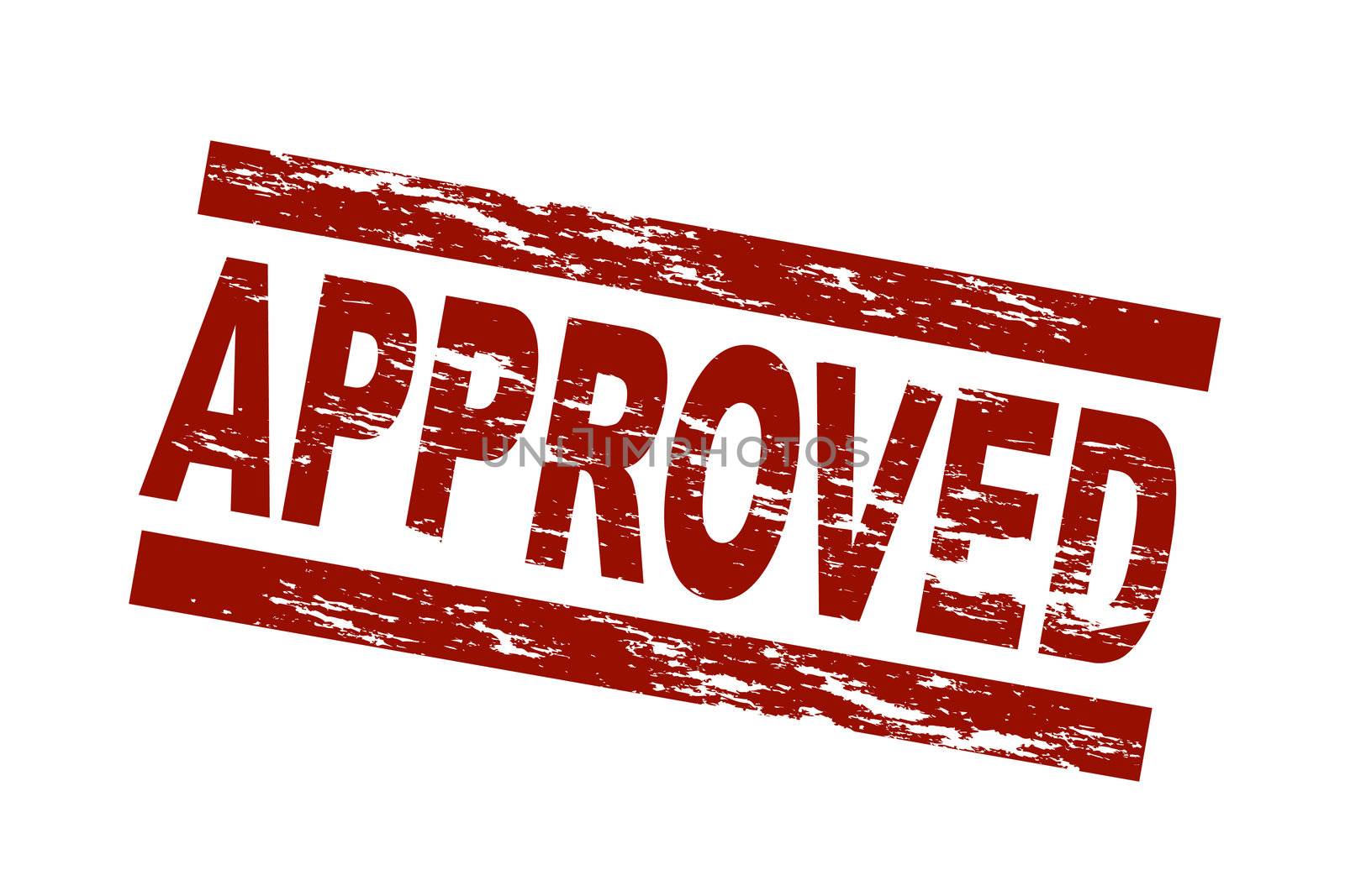 Stylized red stamp showing the term approved. All on white background.