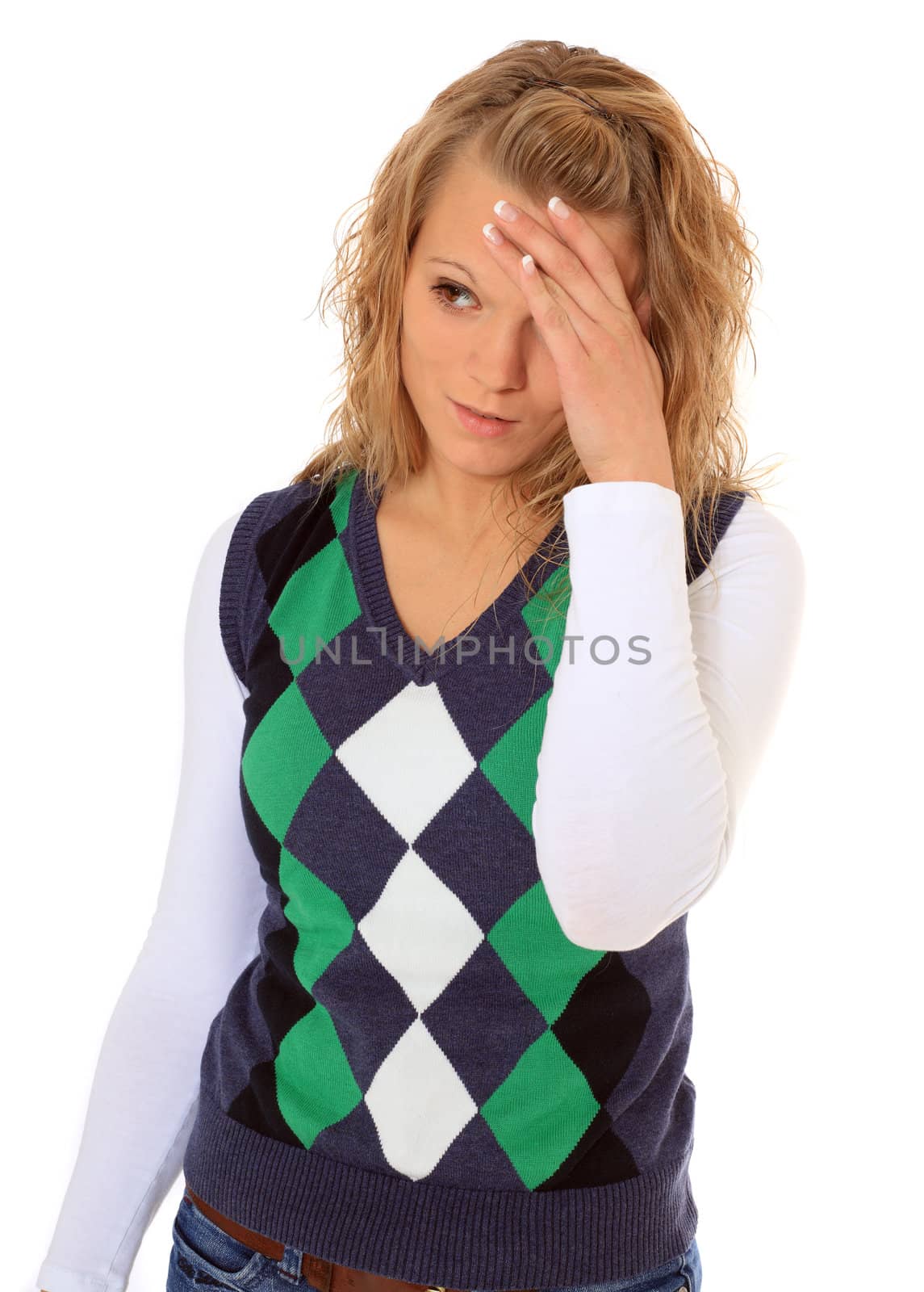 Attractive young woman suffering from headache. All on white background.