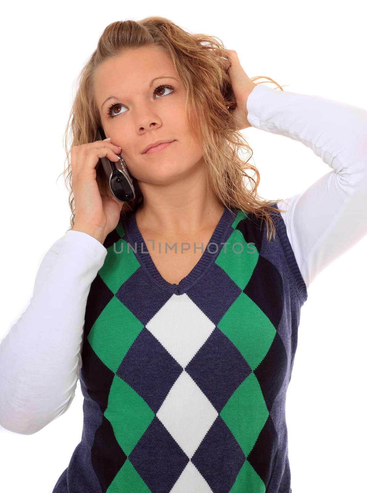 Attractive young woman making a phone call. All on white background.