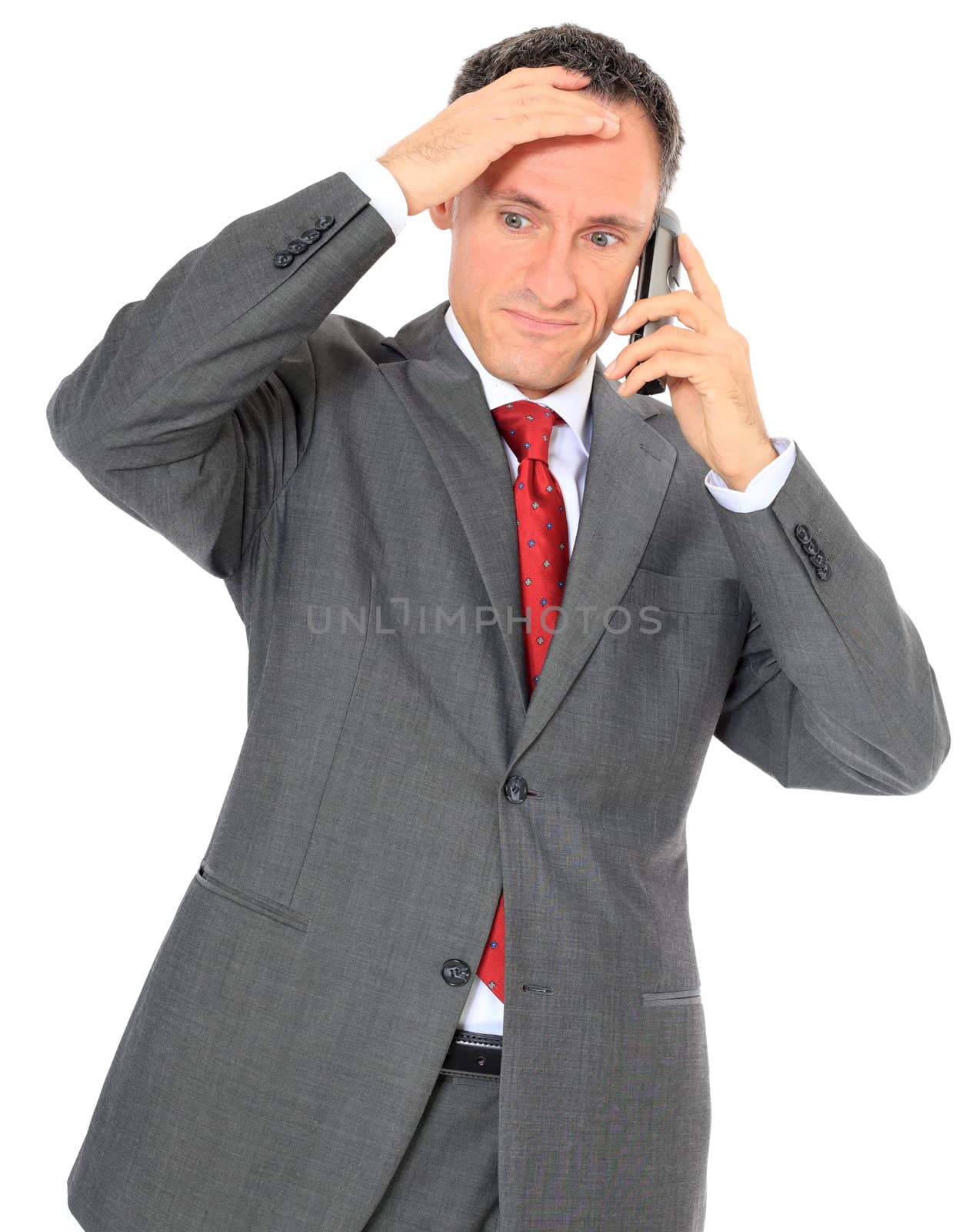 Businessman getting negative message. All on white background.