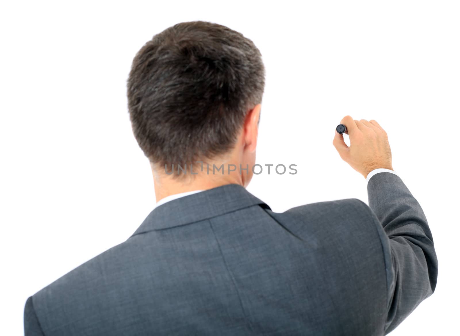 Back view of a businessman using marker. All on white background.