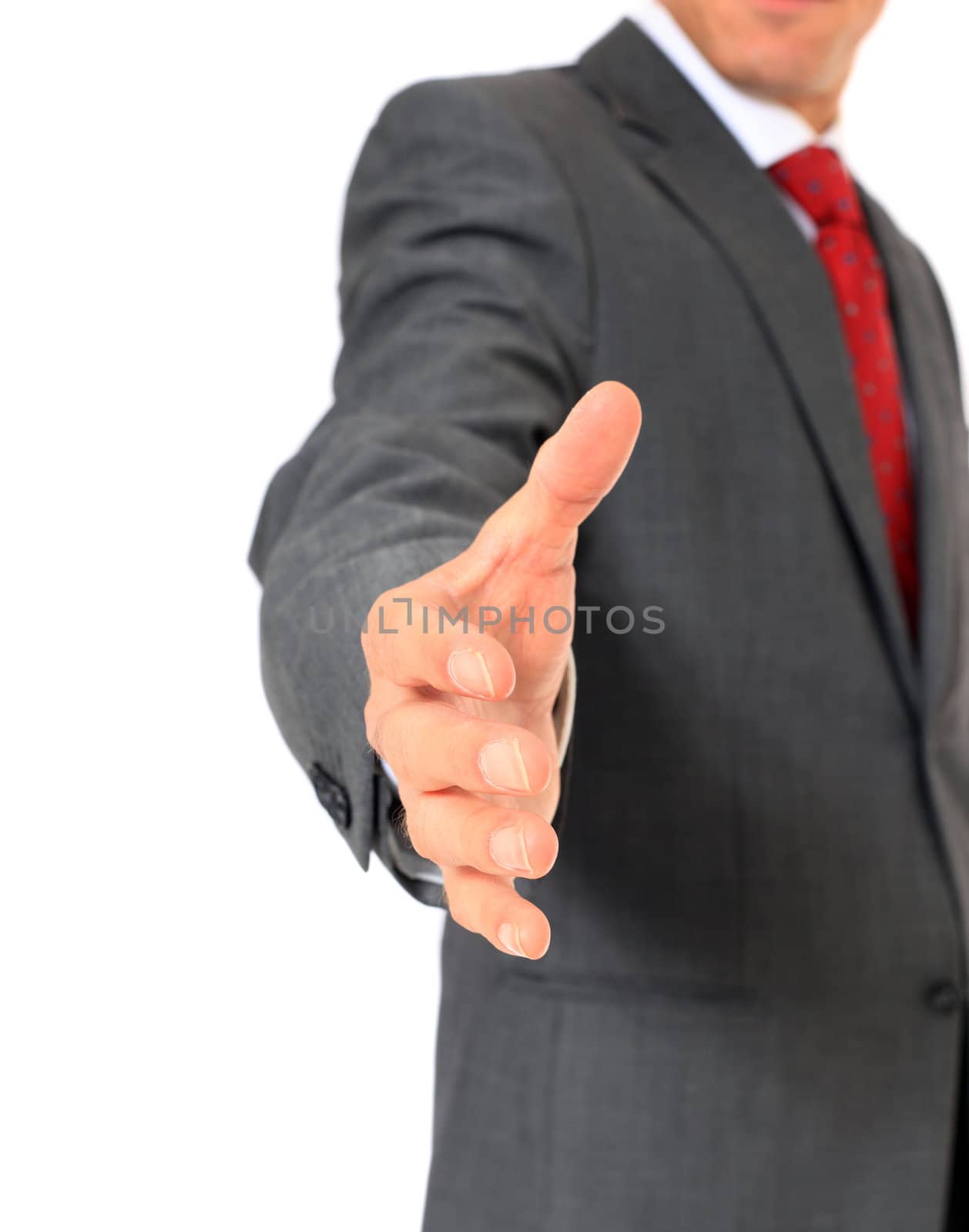 Attractive businessman welcoming someone. All on white background.