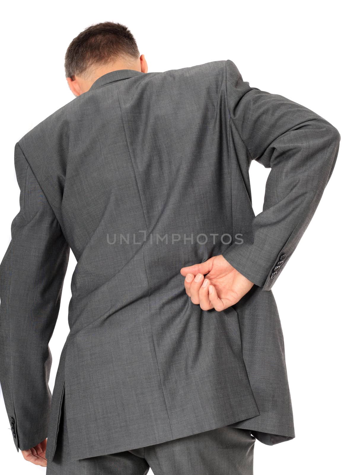 Businessman suffering from backache. All on white background.