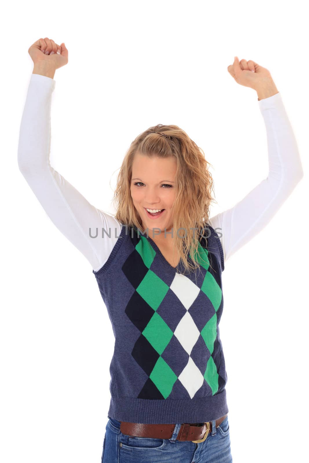 Cheering blonde woman. All on white background.