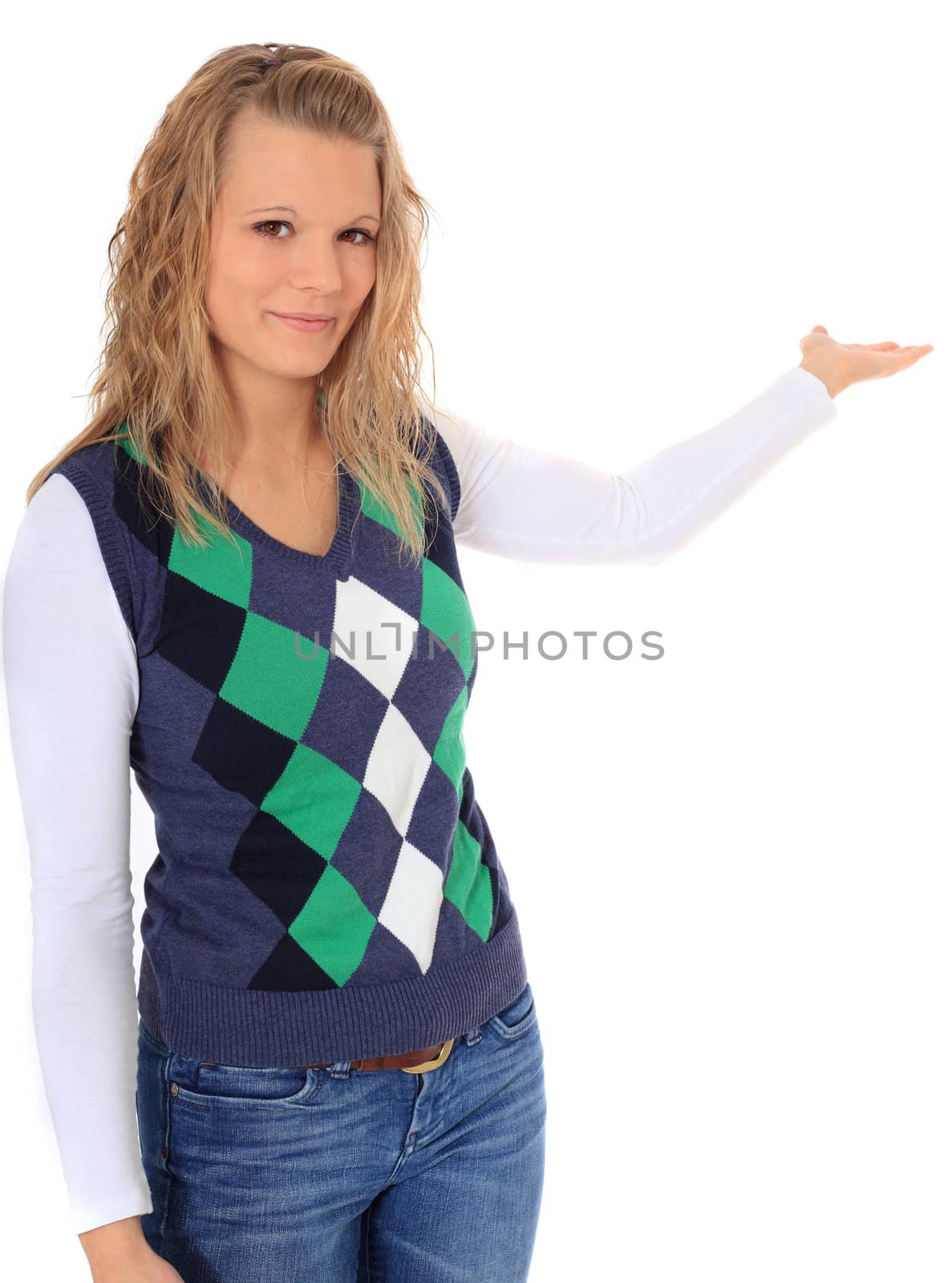 Attractive blonde woman showing to the side. All on white background.