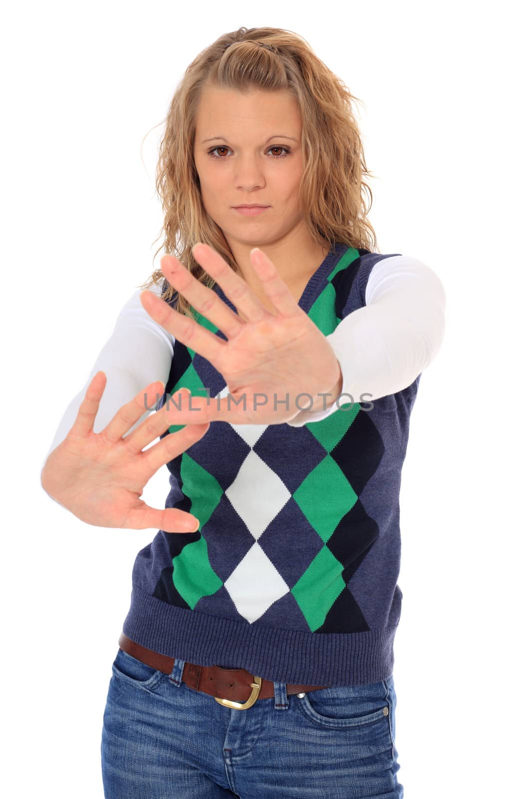 Attractive blonde woman with defensive gesture. All on white background.