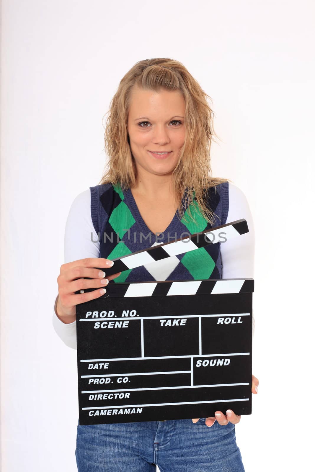 Attractive young woman holding a slate. All on white background.