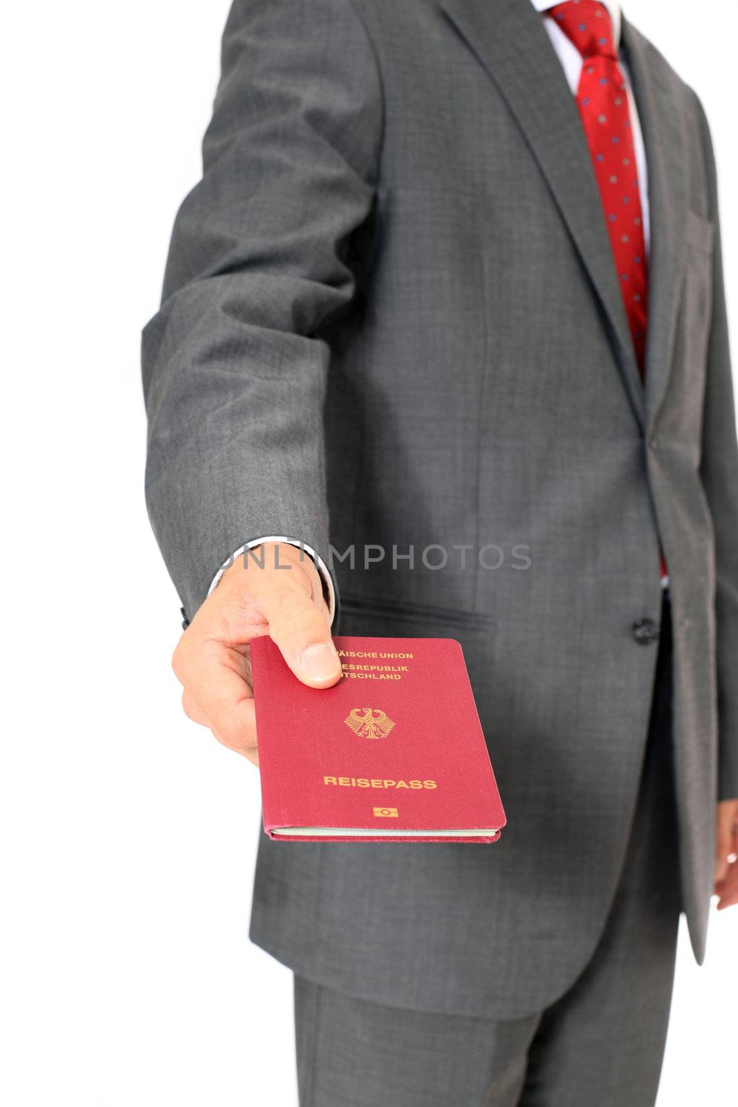 Businessman showing his german passport. All on white background.