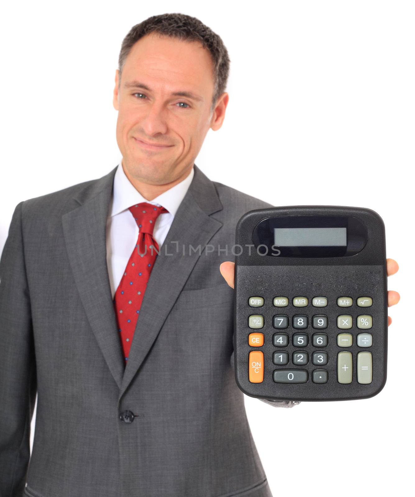 Attractive businessman holding calculator. All on white background