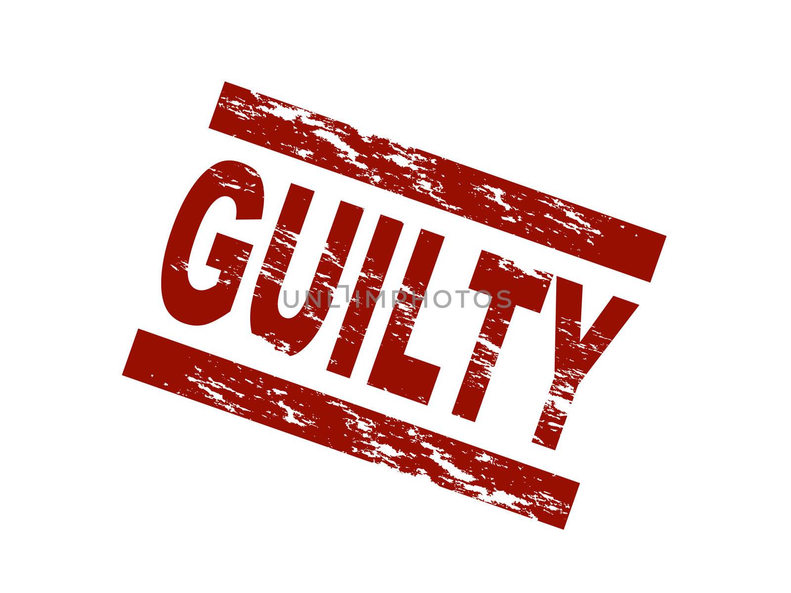 Stylized red stamp showing the term guilty. All on white background.