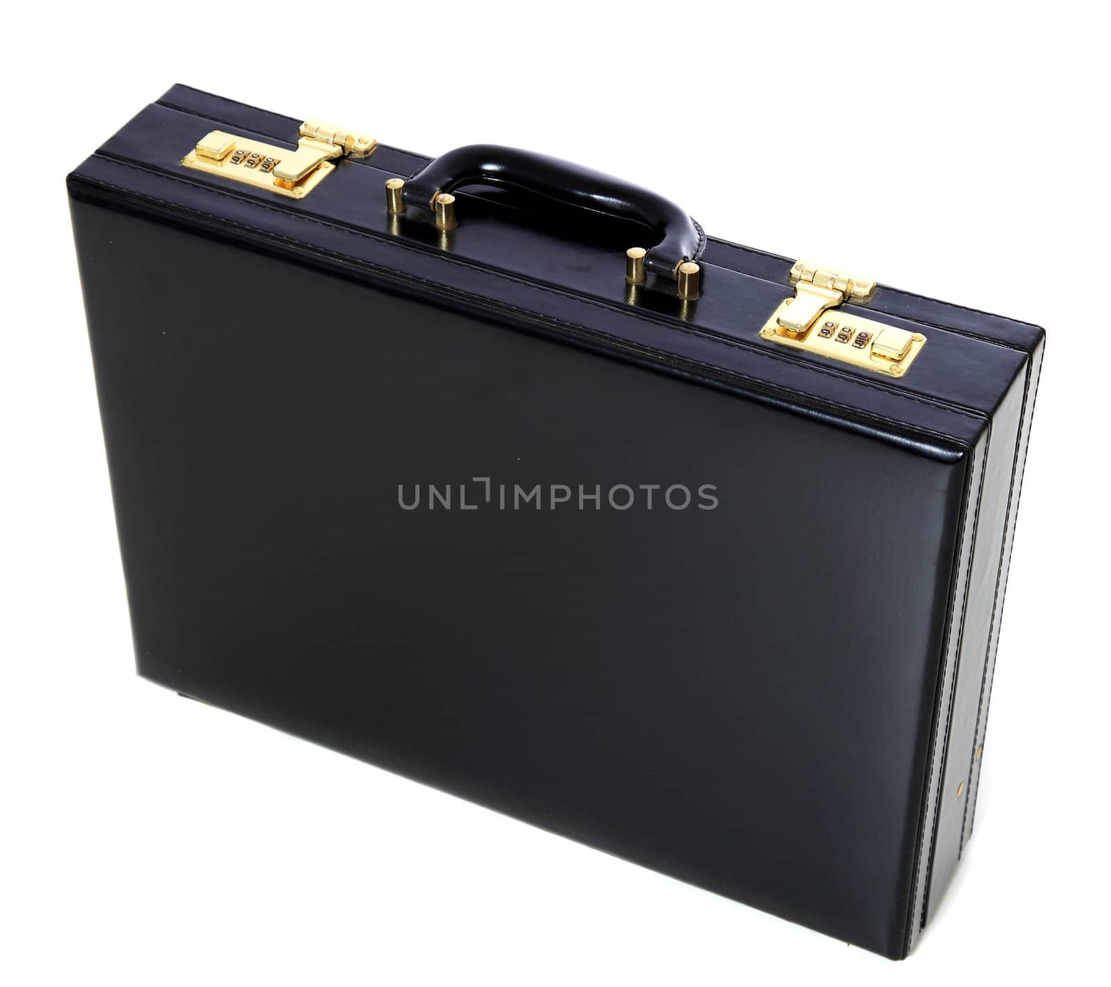 Standard black briefcase. All on white background.