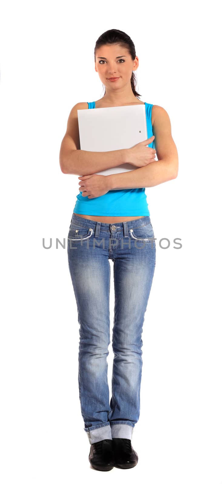 Full length shot of an attractive young student. All on white background.