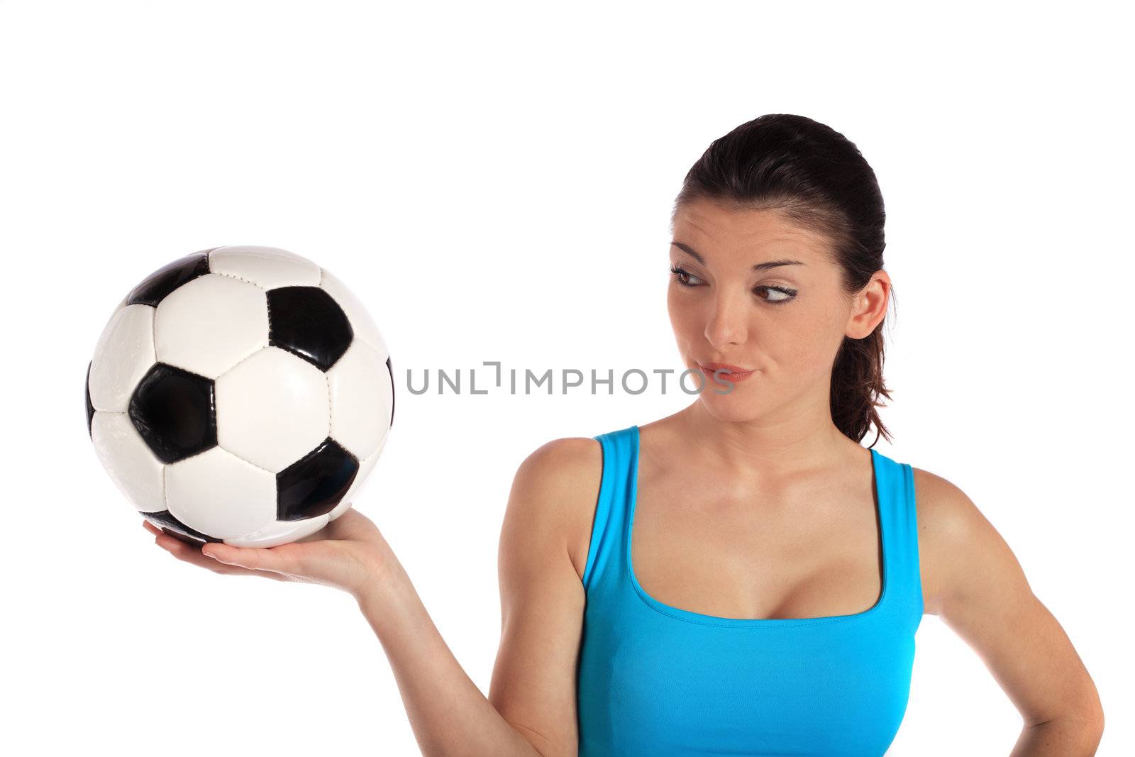 Frustrated woman holding soccer ball. All on white background.
