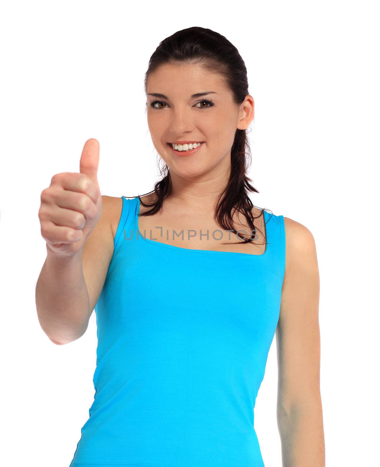 Attractive young woman making positive gesture. All on white background.