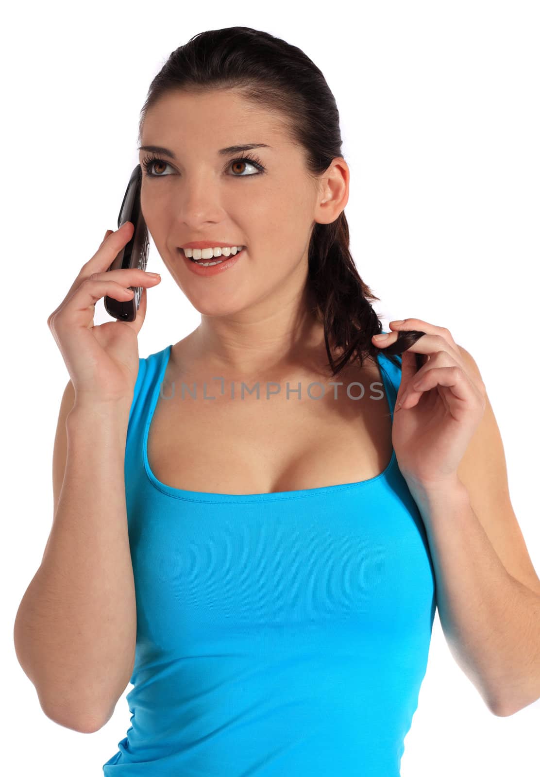 Attractive young woman making a phone call. All on white background.