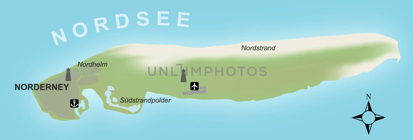 A stylized map of the german island of Norderney. Norderney is a tourist magnet during summer season.