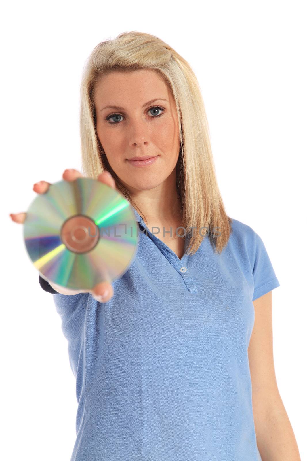 An attractive young woman holding a DVD. All on white background.