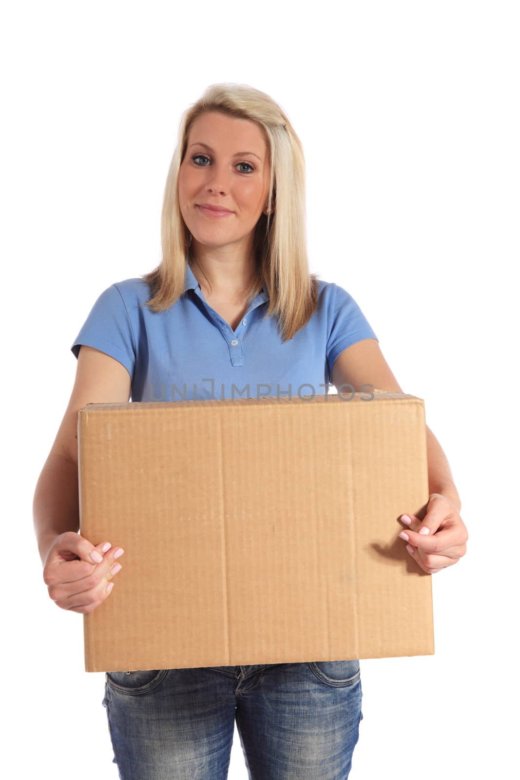 Attractive young woman carrying a moving box. All on white background.