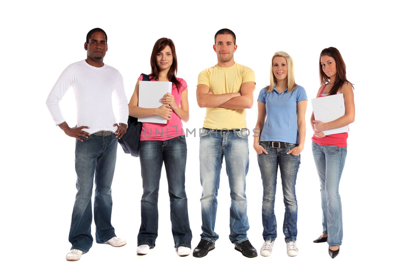 A group of five young people. All on white background.