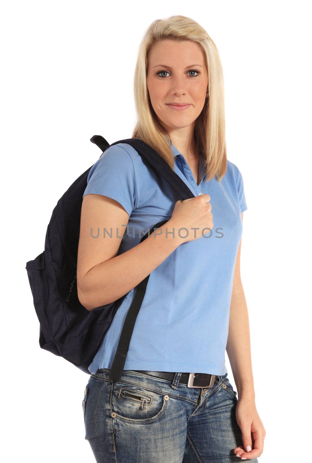 An attractive young student. All on white background.