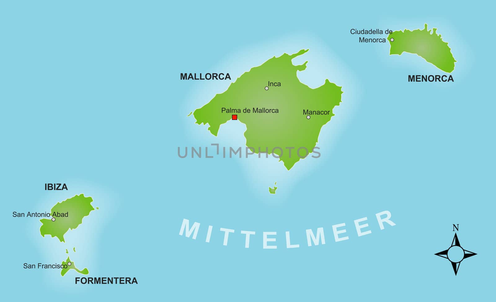 A stylized map of the Balearics showing the different islands and several cities. The Balearics are an european tourist magnet.