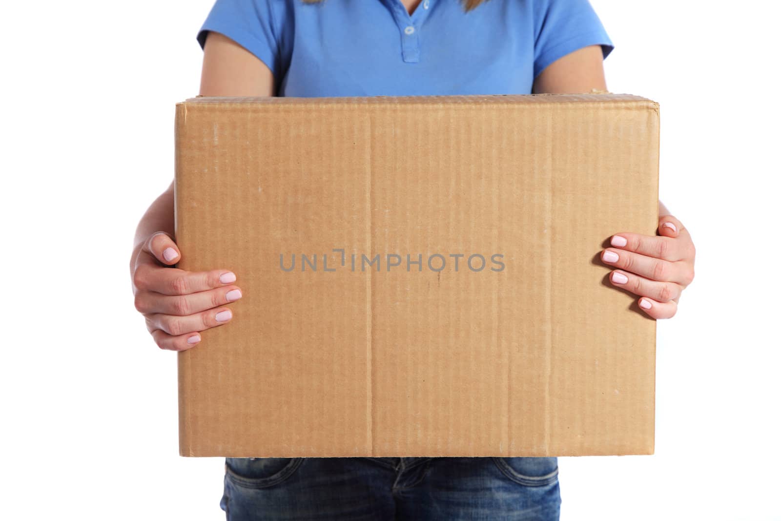 Woman holding moving box. All on white background.