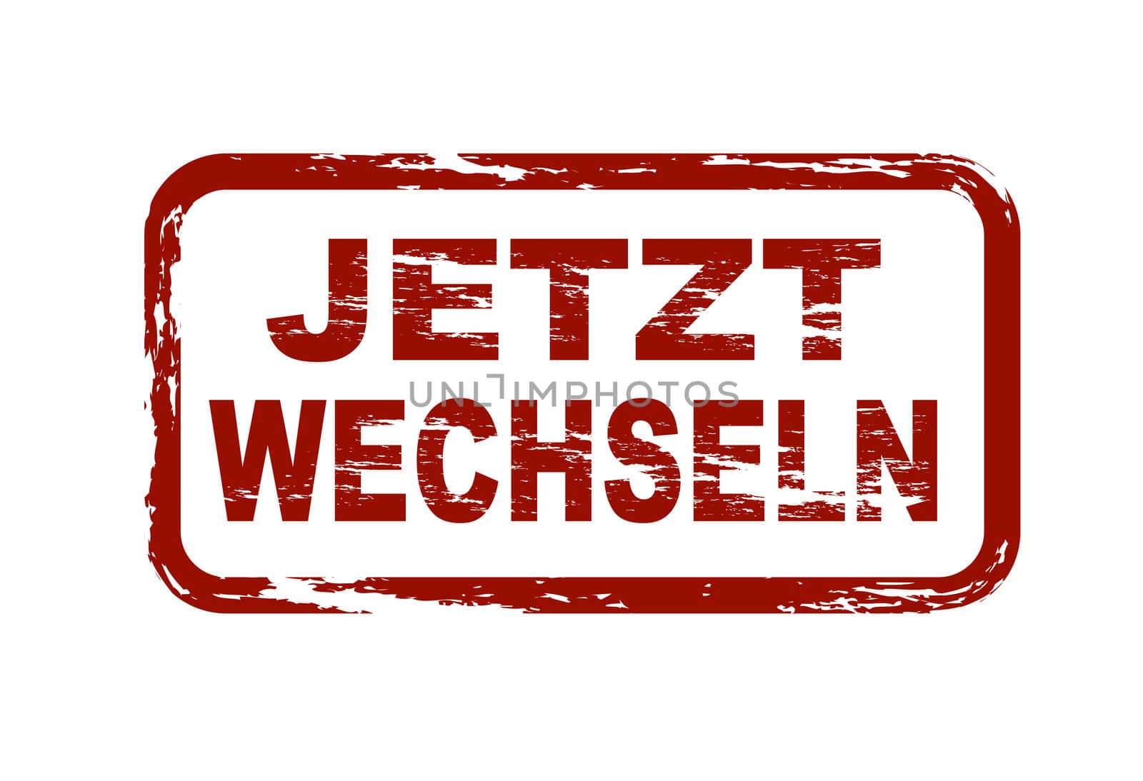 A stylized red stamp showing the german term for change now. All on white background.