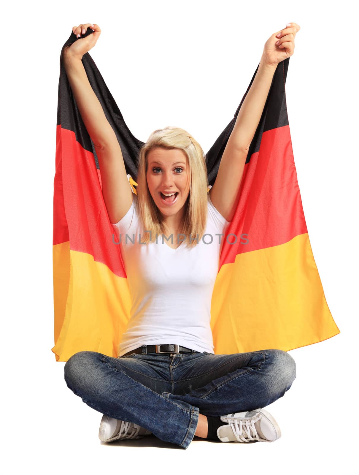 Attractive young woman cheering. All on white background.