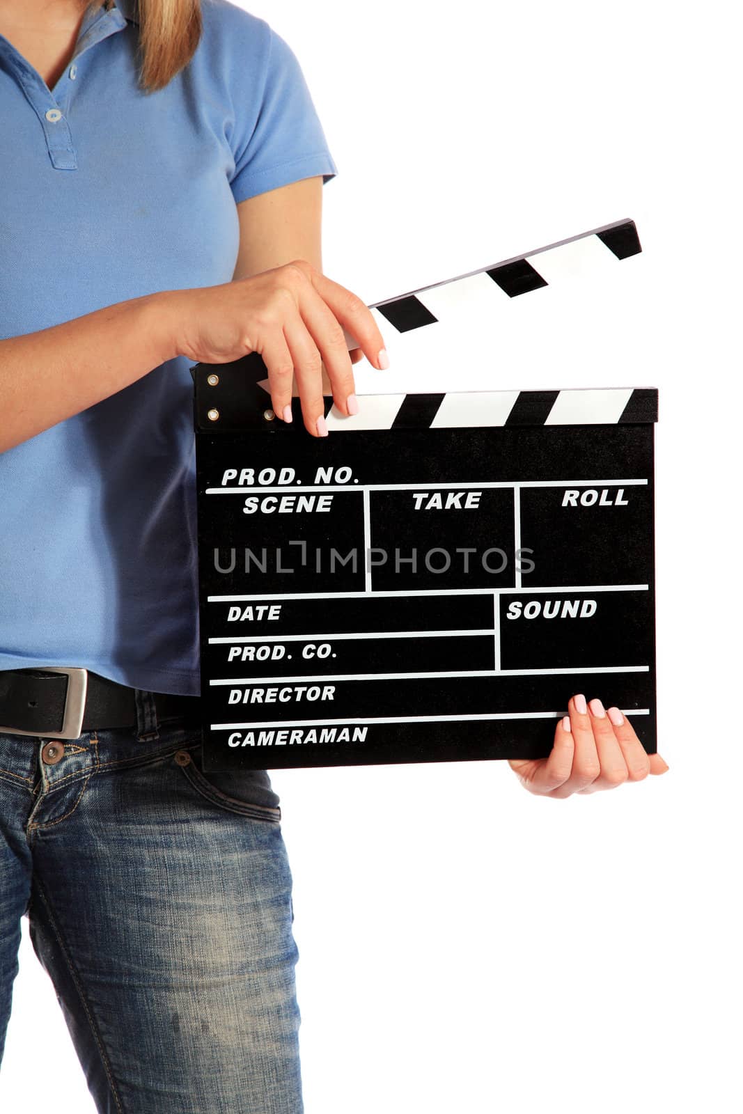 Torso of an attractive young woman holding a clapperboard. All on white background.