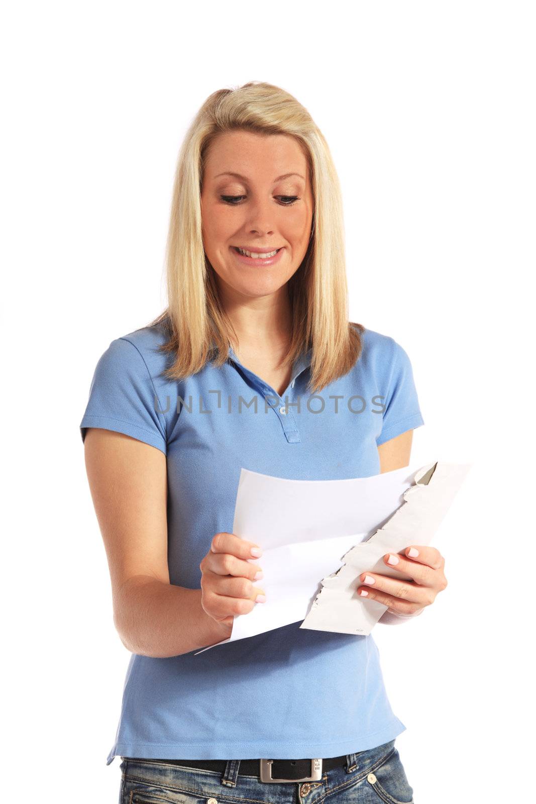 An attractive young woman getting good news via mail. All on white background.