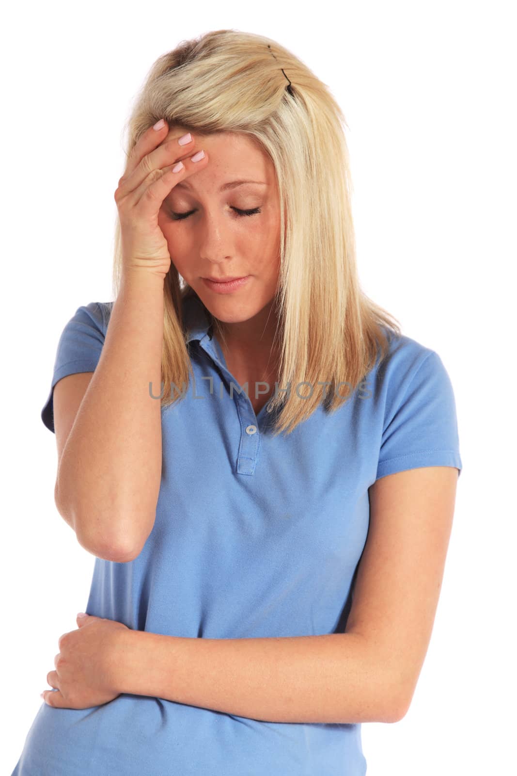 An attractive young woman feels unwell. All on white background.