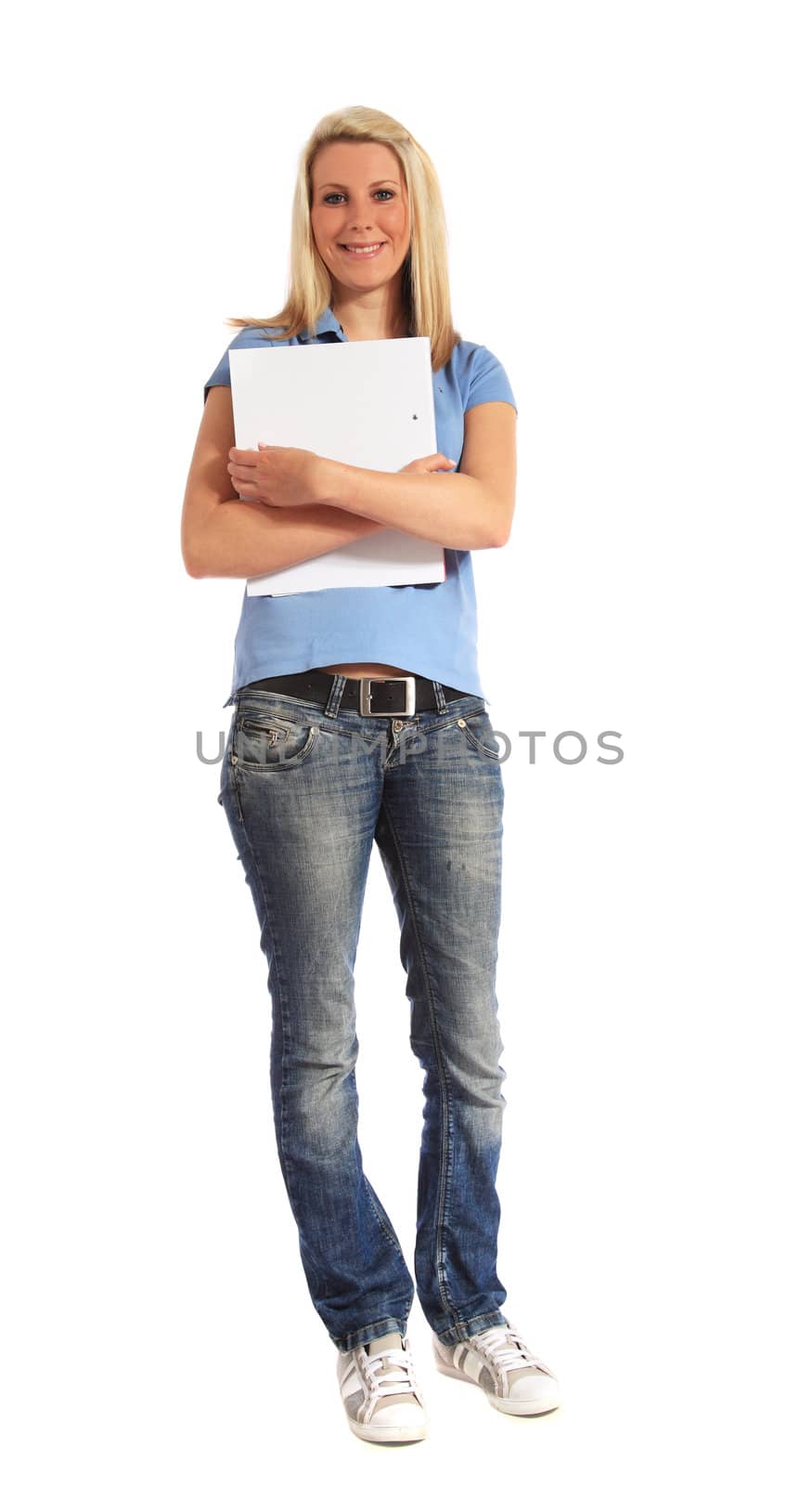 Full length shot of an attractive young student. All on white background.