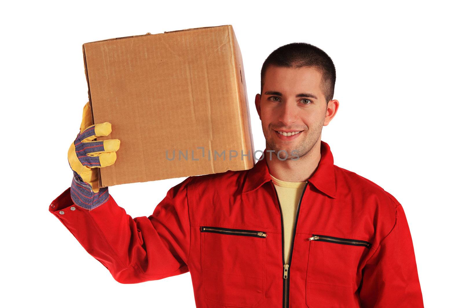 Motivated worker of an moving company in red overall. All on white background.