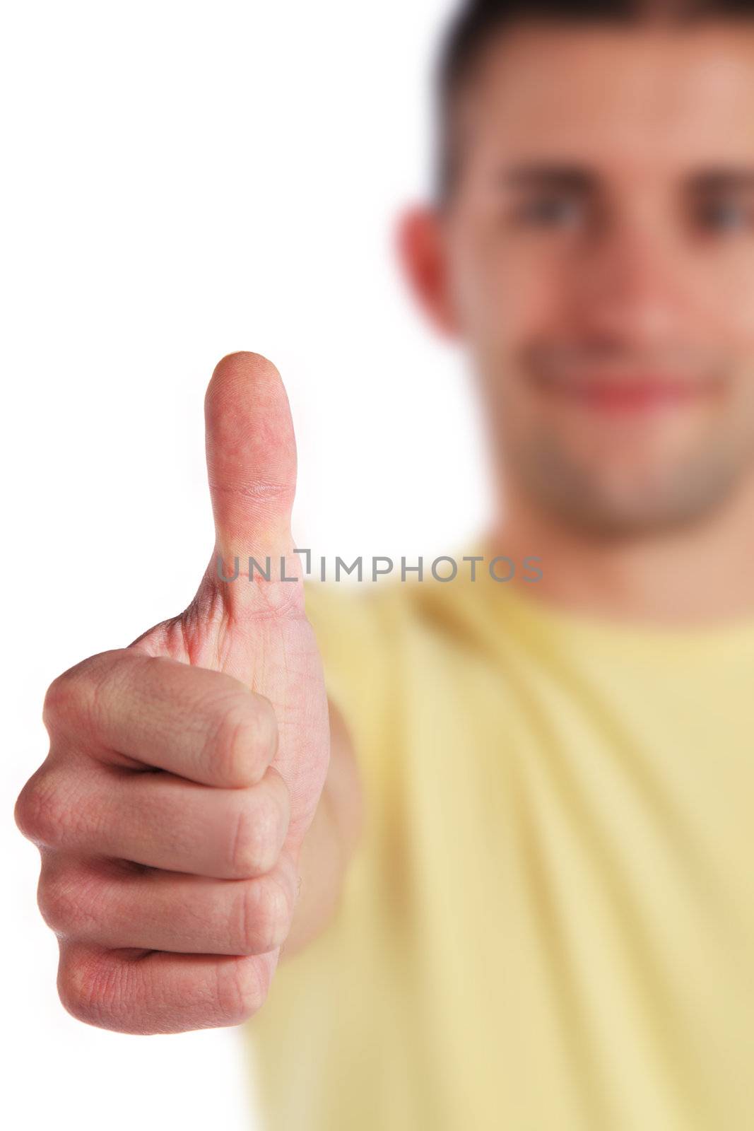 Attractive young man making thumbs up sign. All isolated on white background.