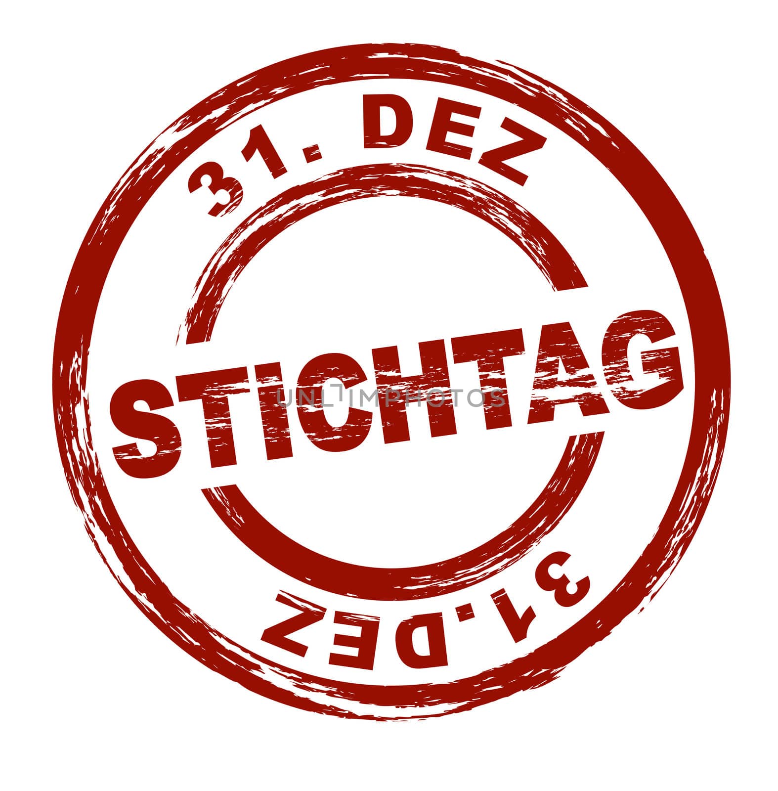 Stylized red stamp shwoing the german term Stichtag 31. Dez. English translation: deadline 31. dec. All on white background.