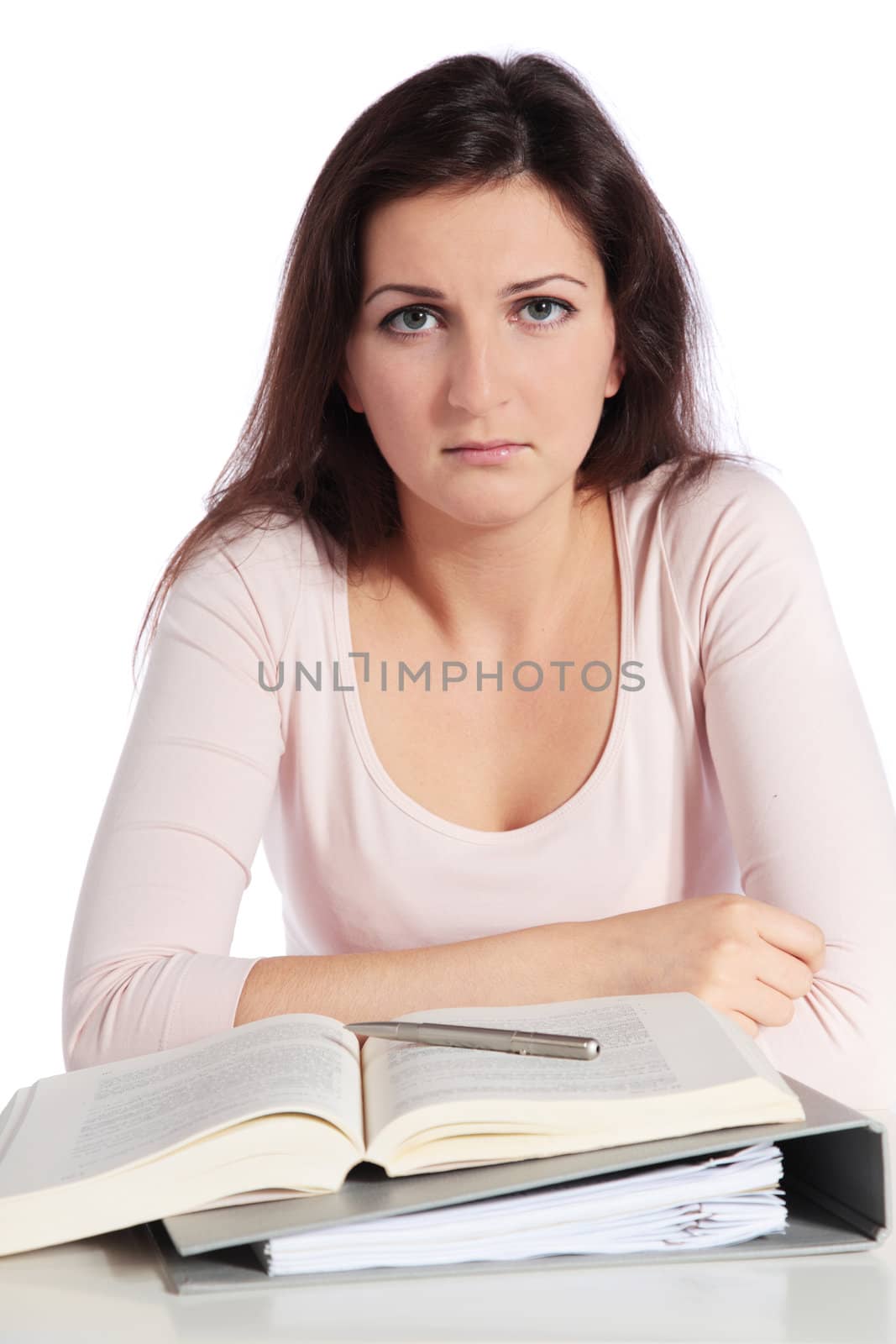 Frustrated young student. All isolated on white background.