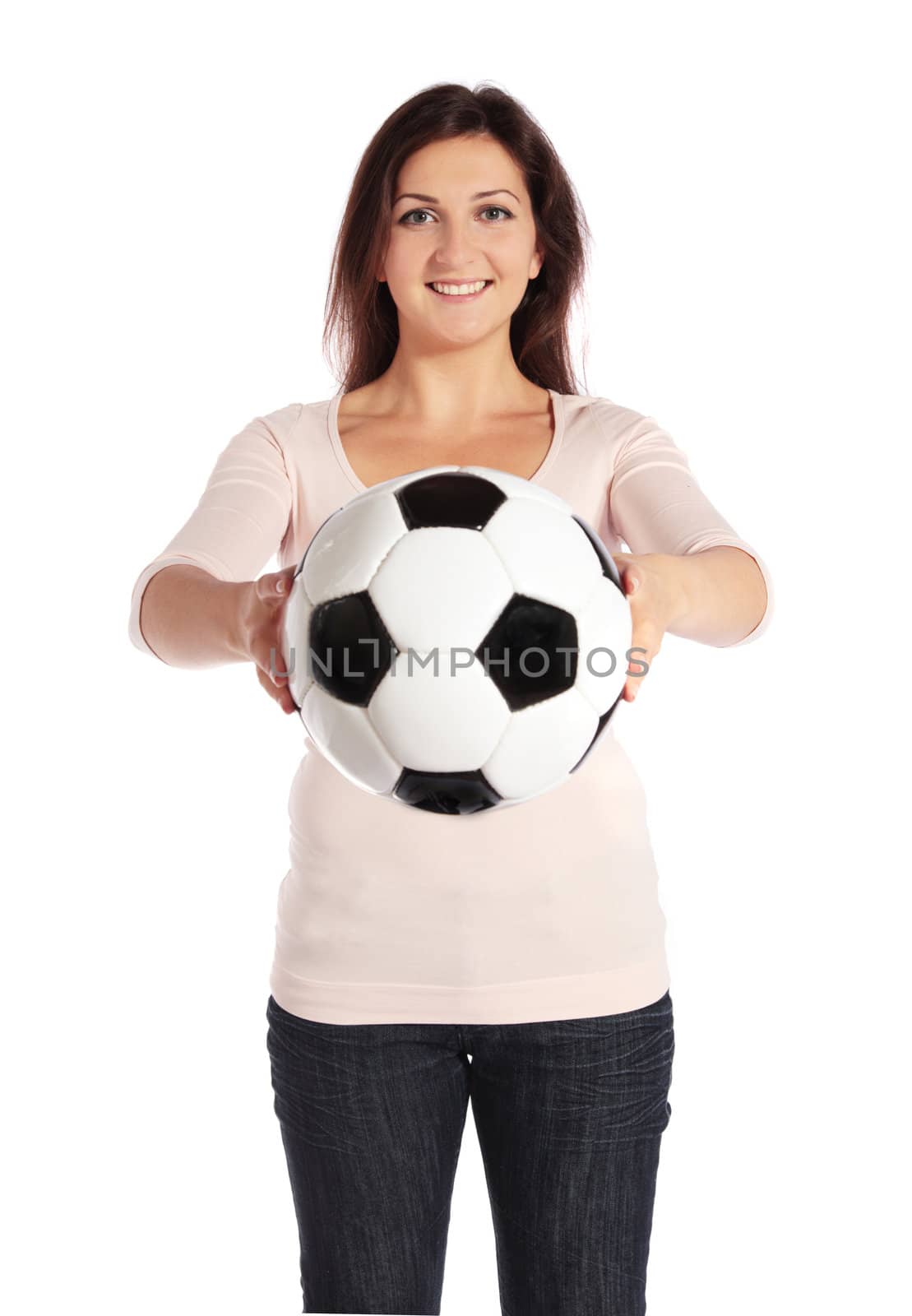 Attractive young woman holding a soccer ball. All on white background.