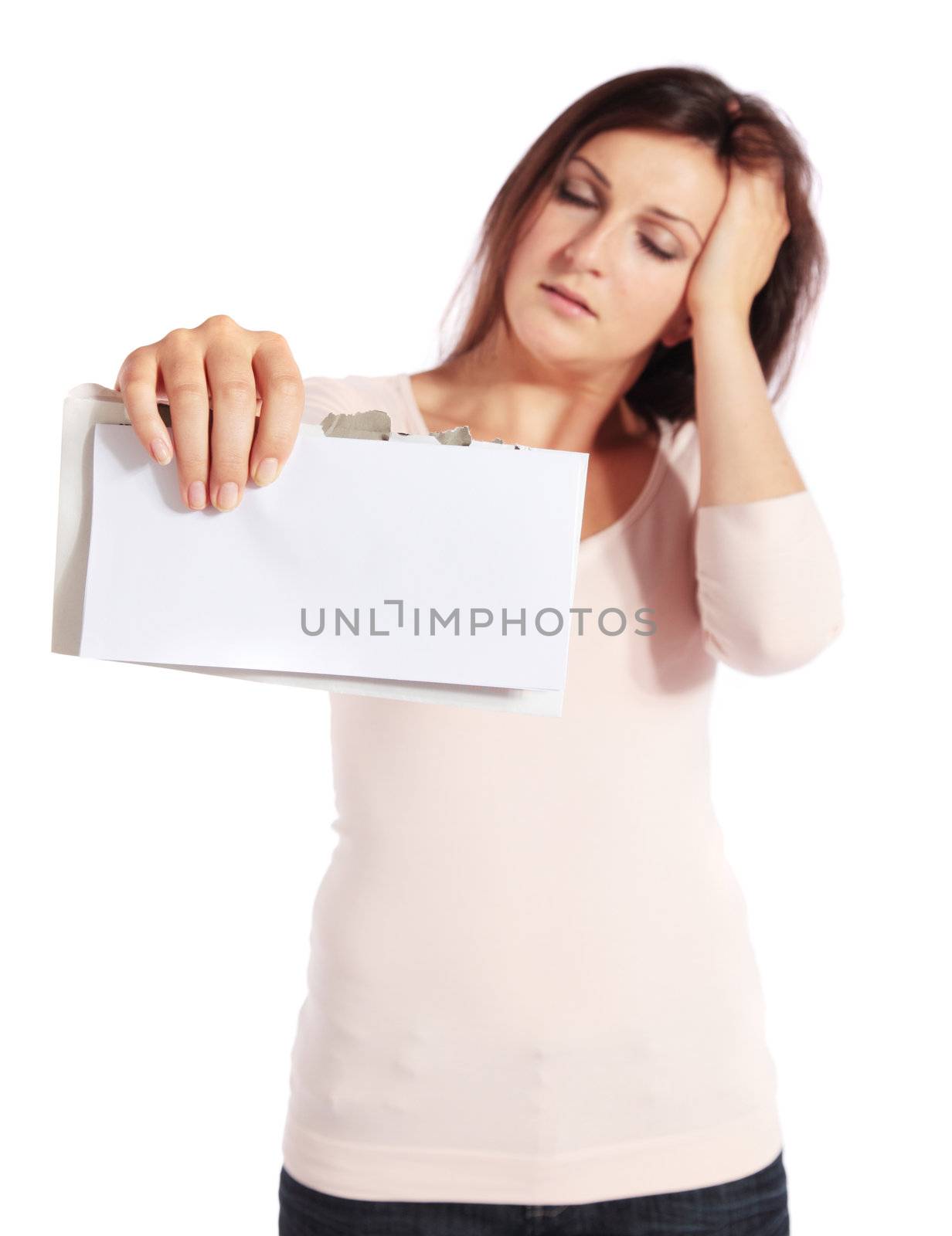 Attractive young woman getting bad news. All isolated on white background.