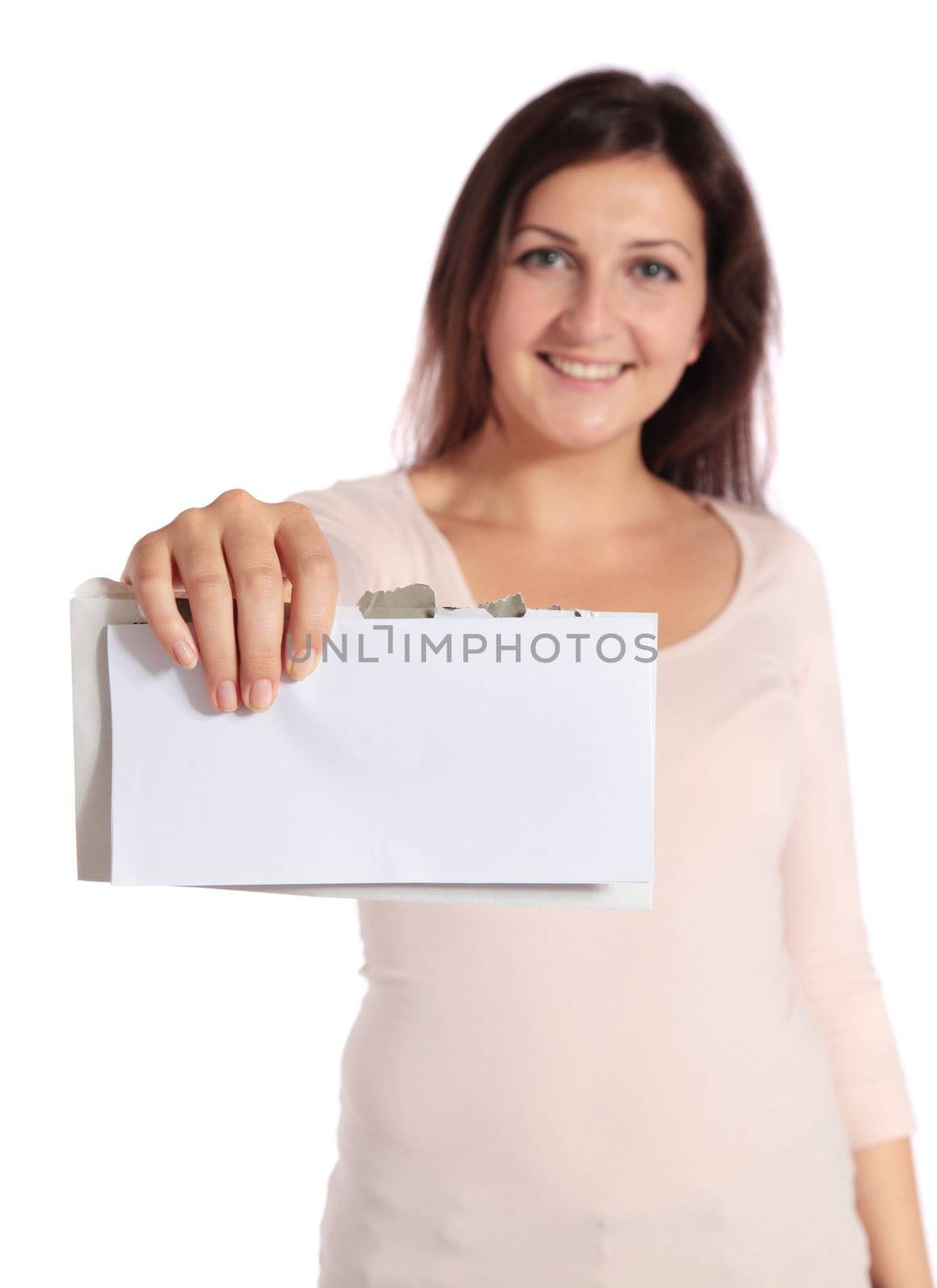 Attractive young woman getting good news. All isolated on white background.