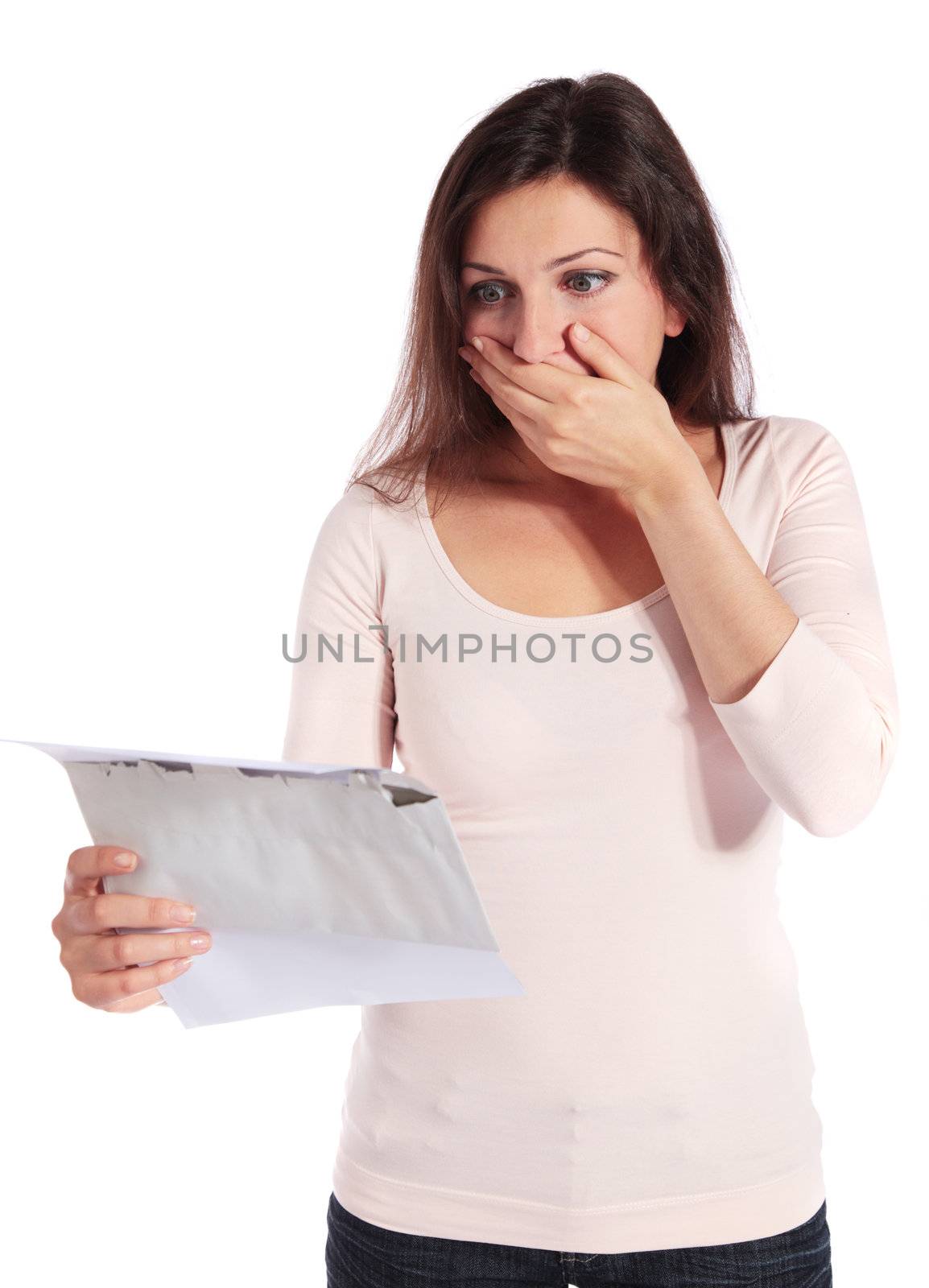 Attractive young woman getting bad news. All isolated on white background.