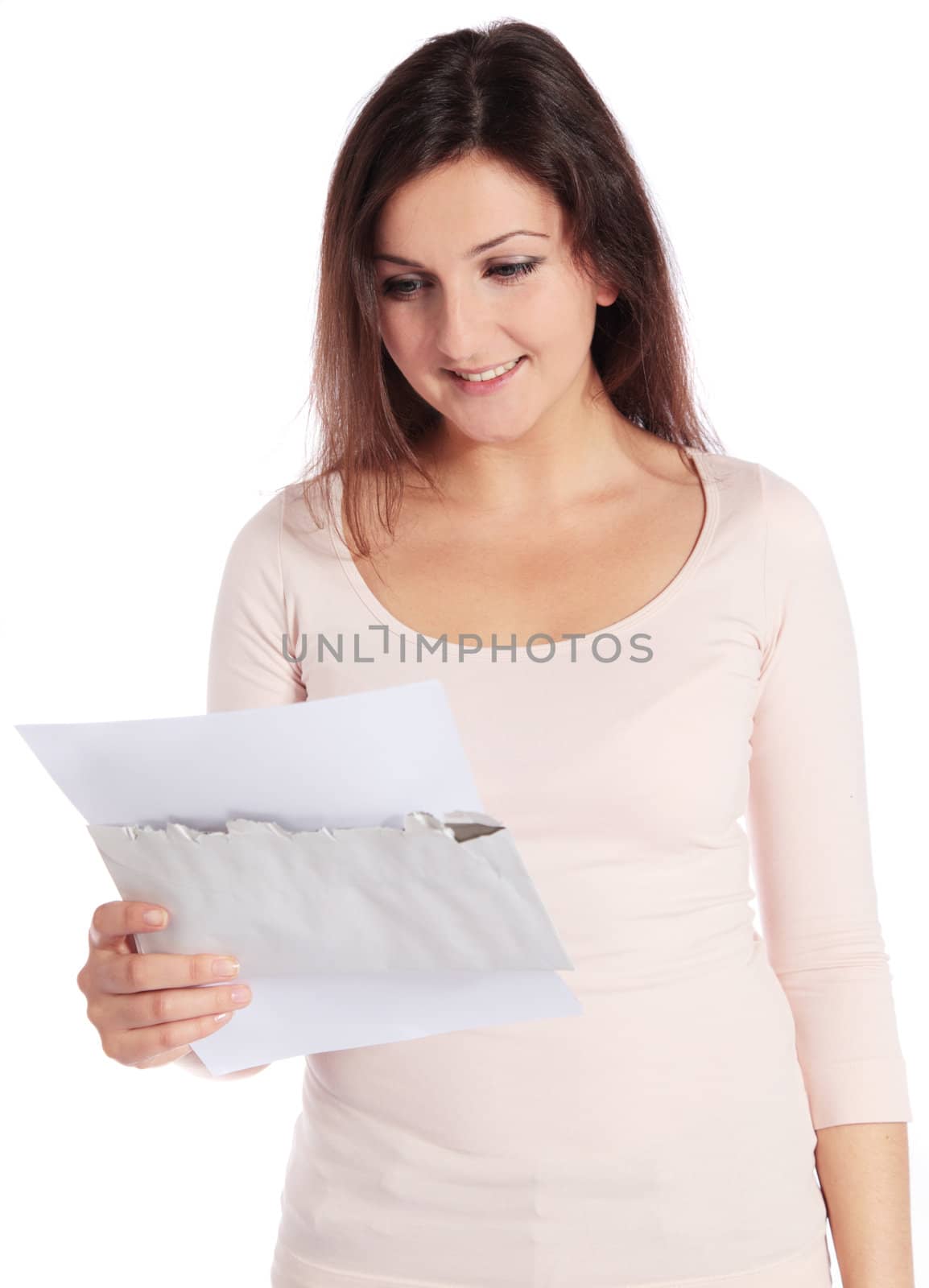 Attractive young woman getting pleasant news. All isolated on white background.