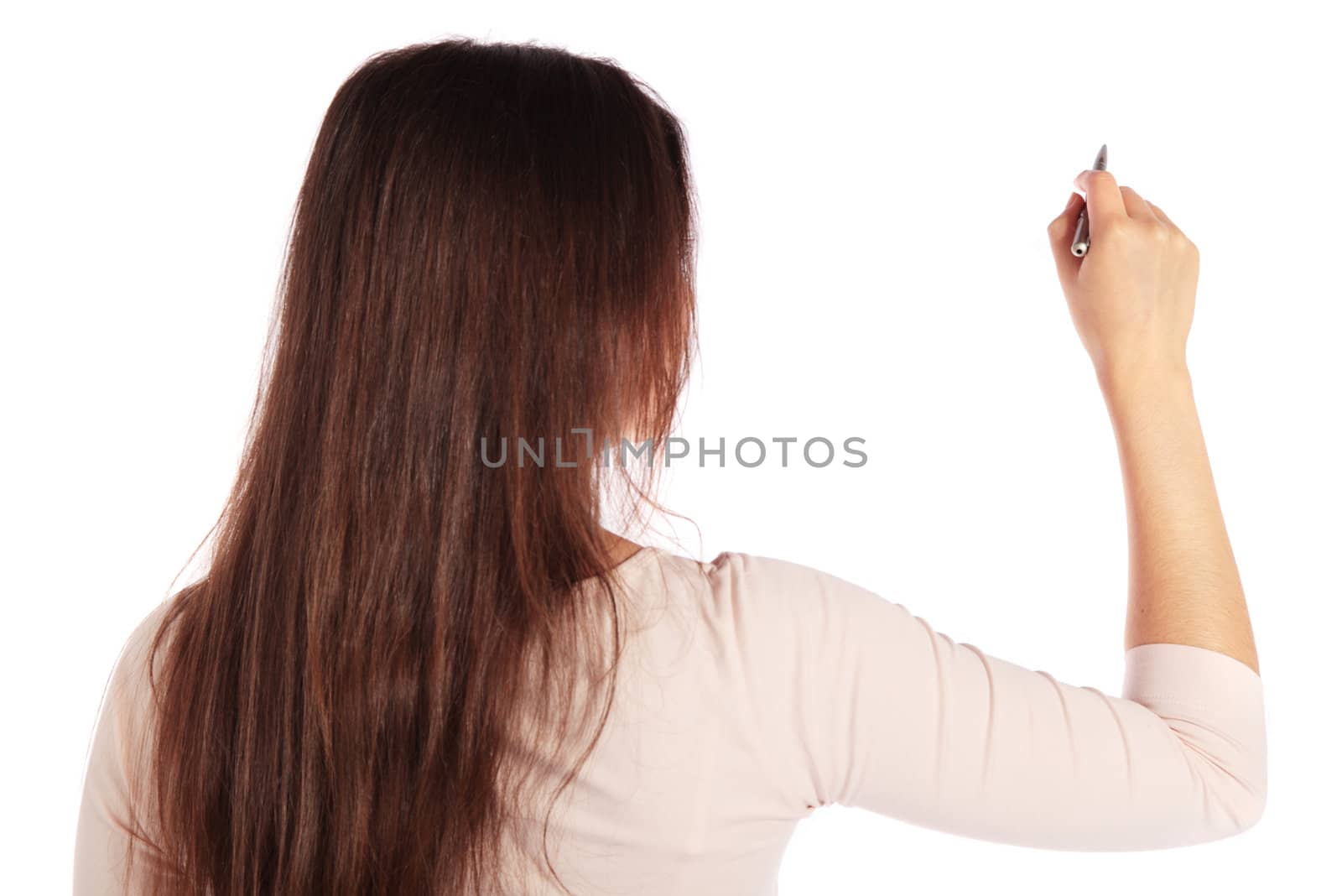 Backview of an attractive young woman sketching. extra copy space. All isolated on white background.