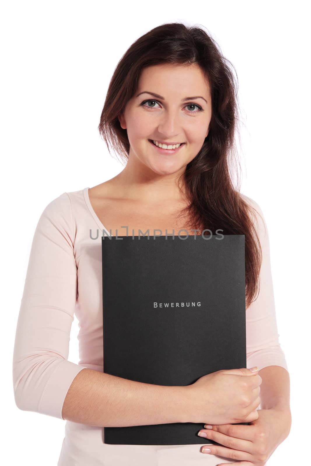 Attractive young woman holding an application file. All on white background.