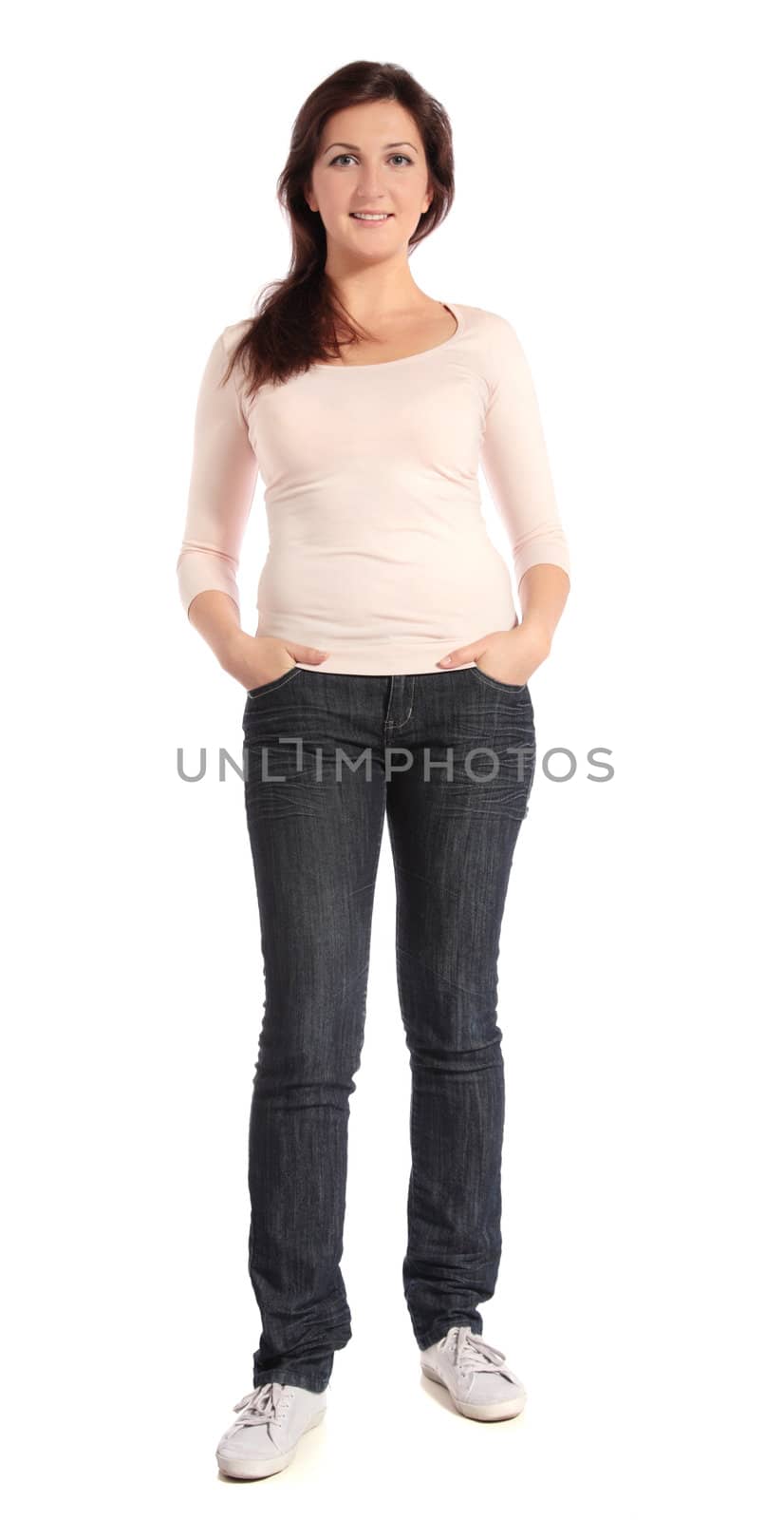 Full length shot of an attractive young woman. All on white background.