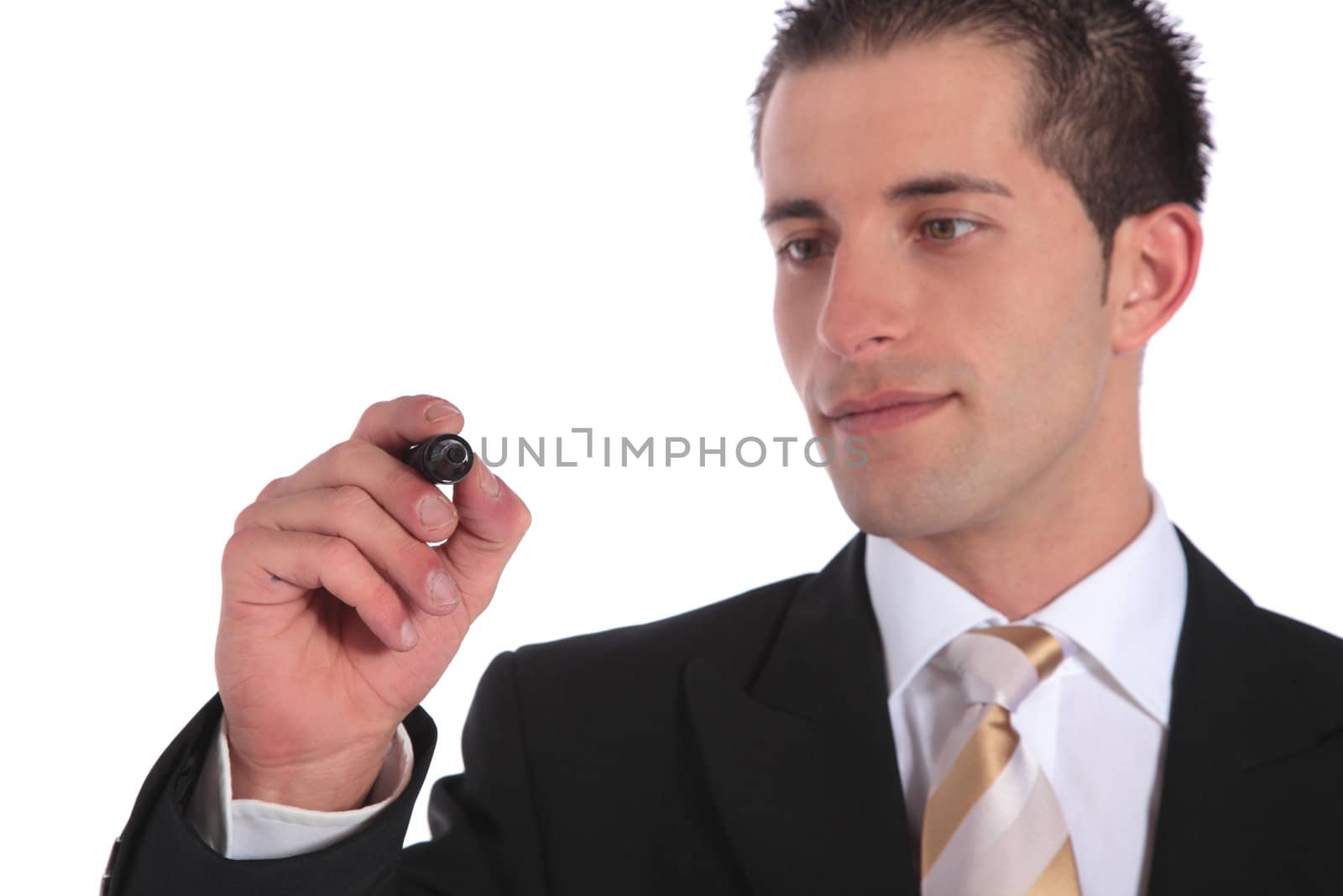 Businessman sketching. Extra copy space. All on white background.